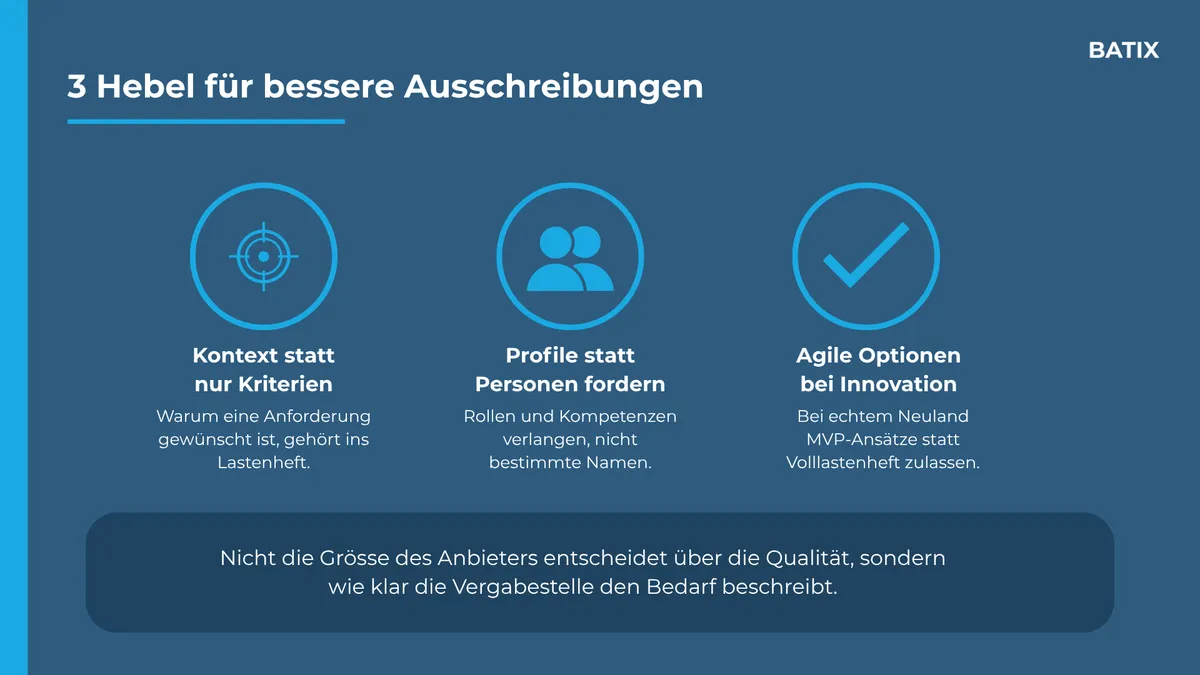 Drei konkrete Hebel, mit denen Vergabestellen die Anbieterseite entlasten und selbst bessere Angebote erhalten.
