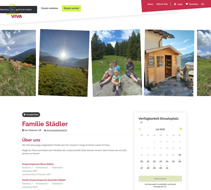 Detail-Ansicht eines Bauernhofs mit Verfügbarkeits-Kalender und Reservation