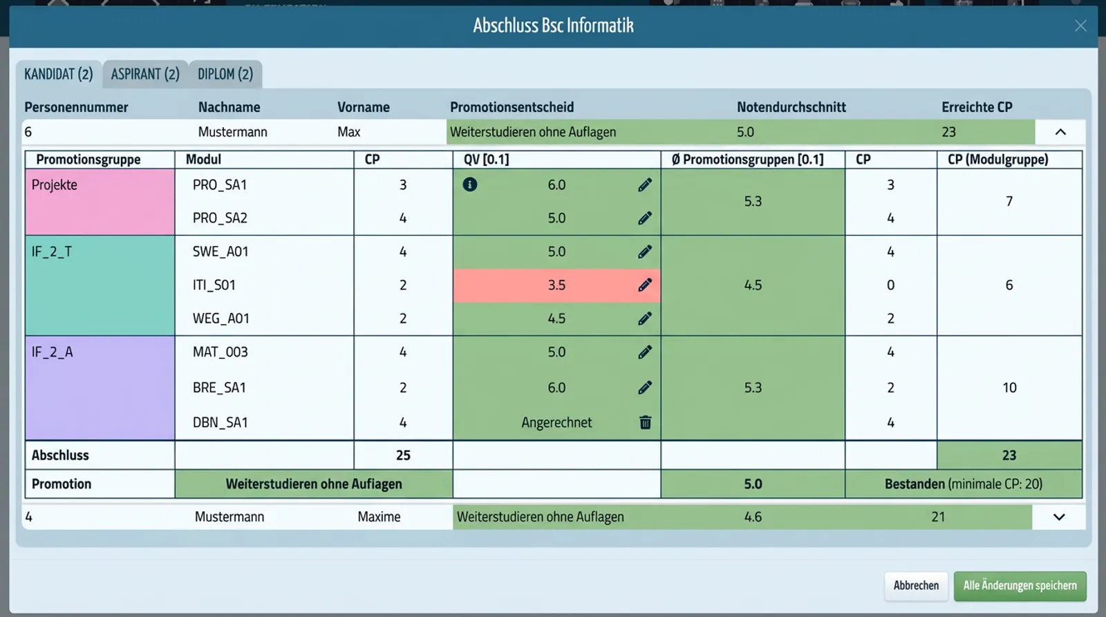 Screenshot von Prüfungsverwaltung
